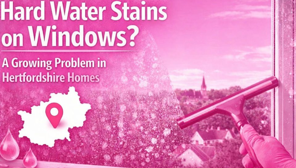 Professional window cleaner removing hard water stains from residential windows in Hertfordshire