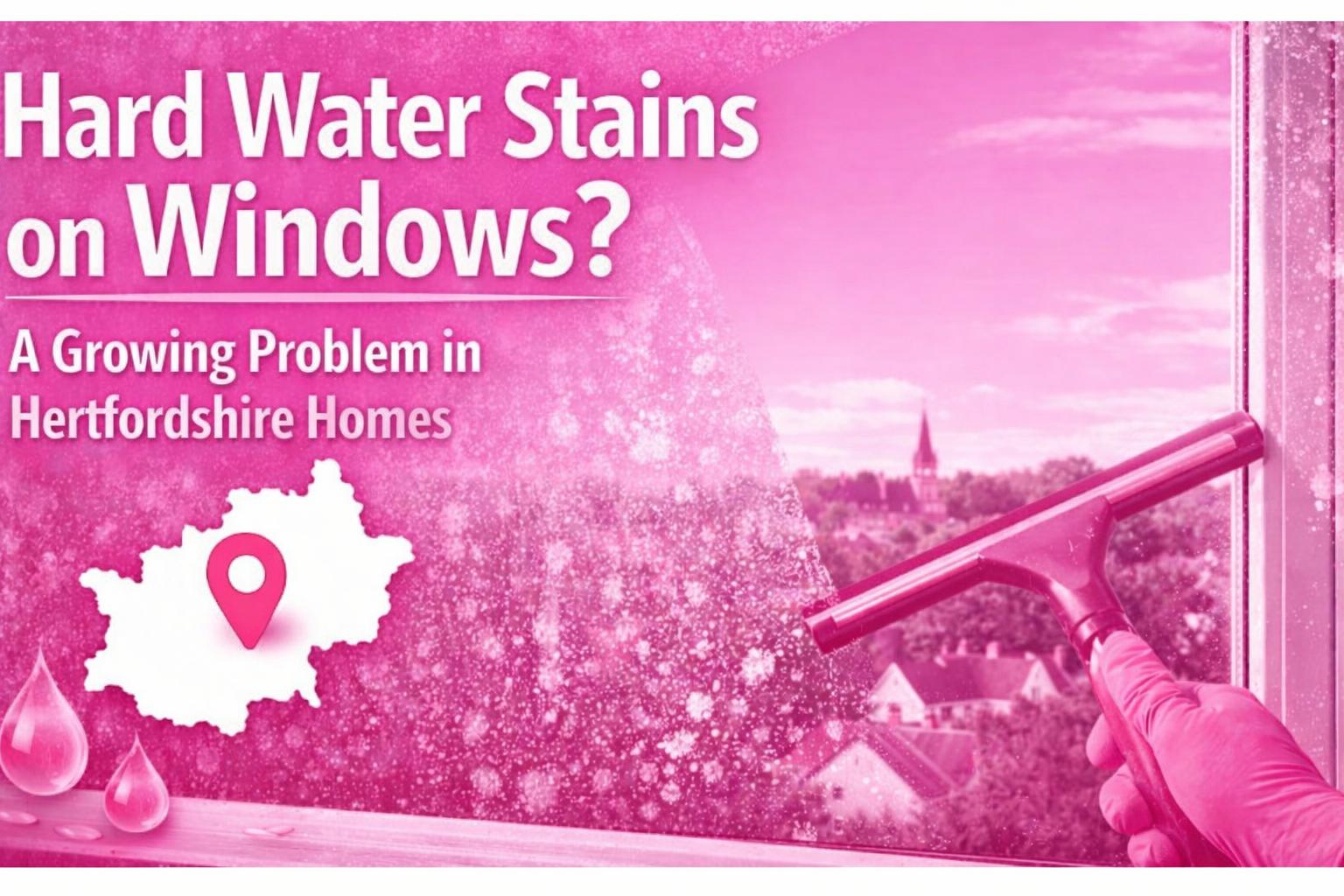 Professional window cleaner removing hard water stains from residential windows in Hertfordshire