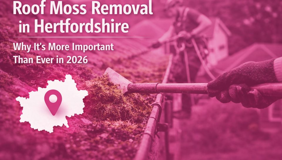 Roof moss removal in Hertfordshire with pink overlay showing professional roof cleaning service
