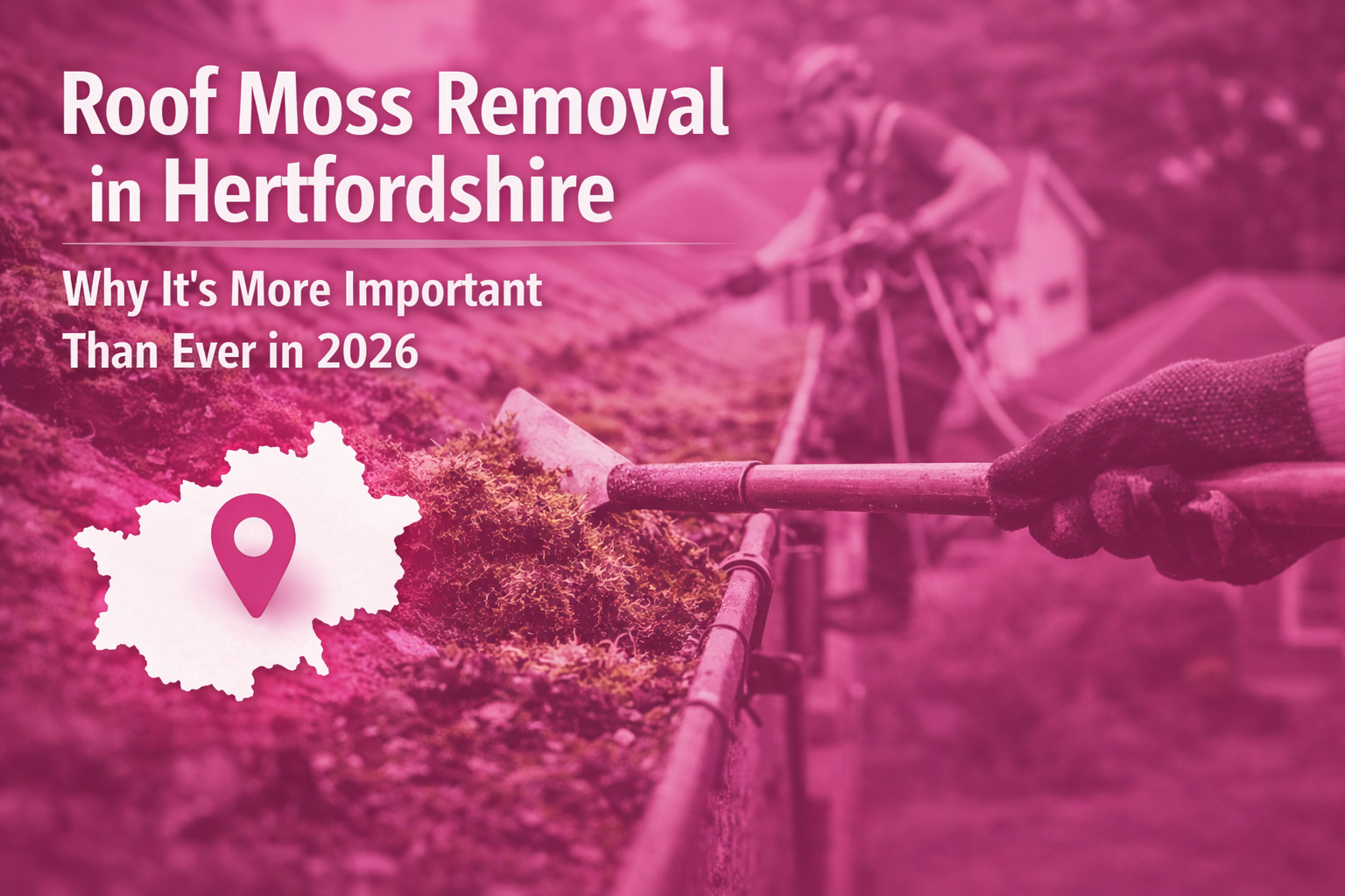 Roof moss removal in Hertfordshire with pink overlay showing professional roof cleaning service