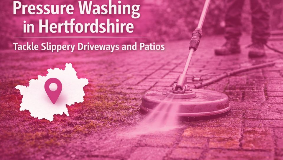 Pressure washing driveway in Hertfordshire removing algae and dirt from block paving