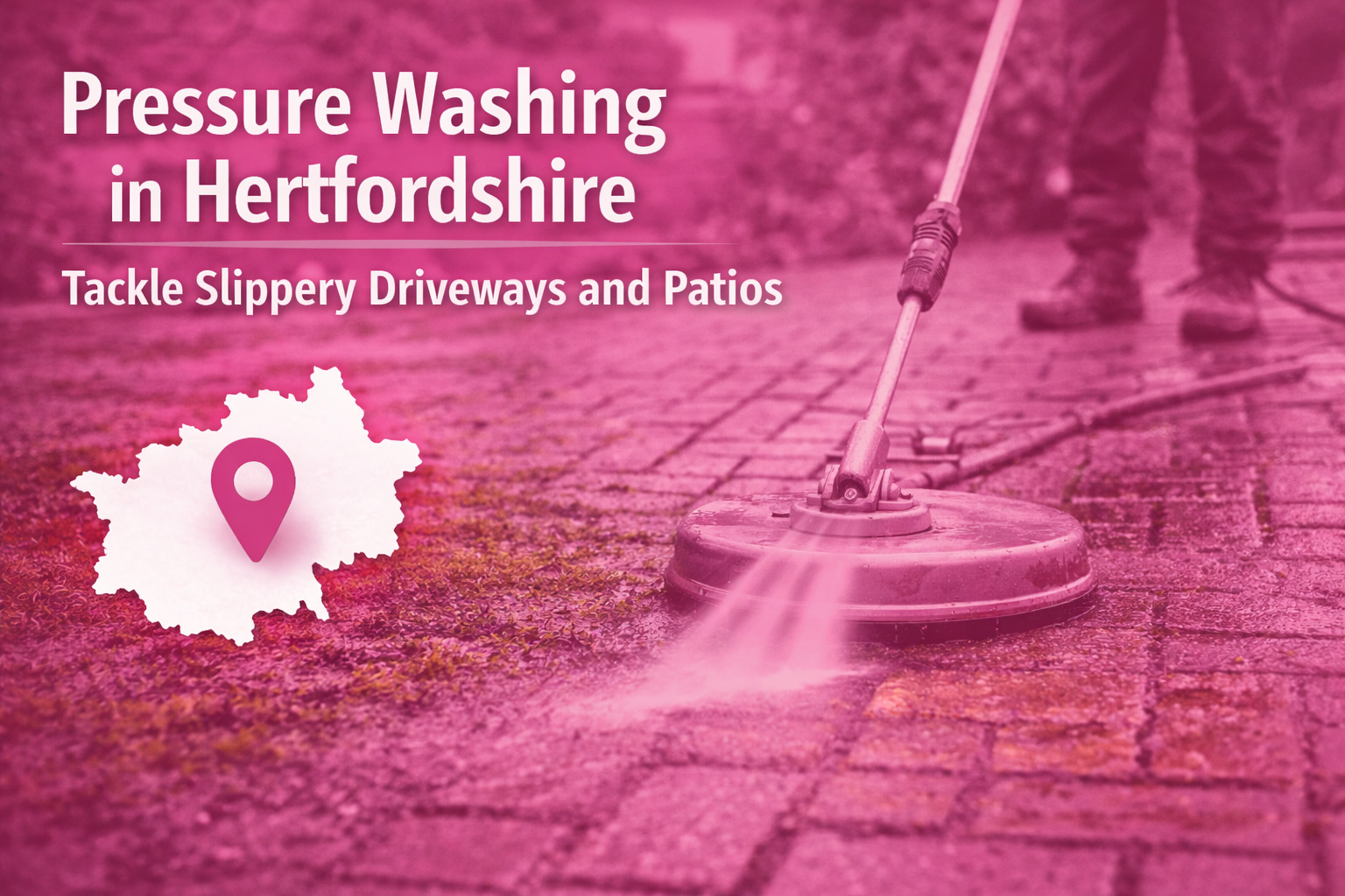 Pressure washing driveway in Hertfordshire removing algae and dirt from block paving